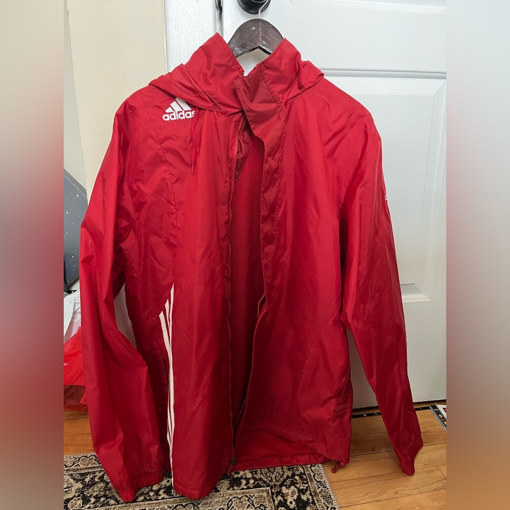 Men's vintage Adidas windbreaker/rain jacket, full zip, 2000s, red, medium